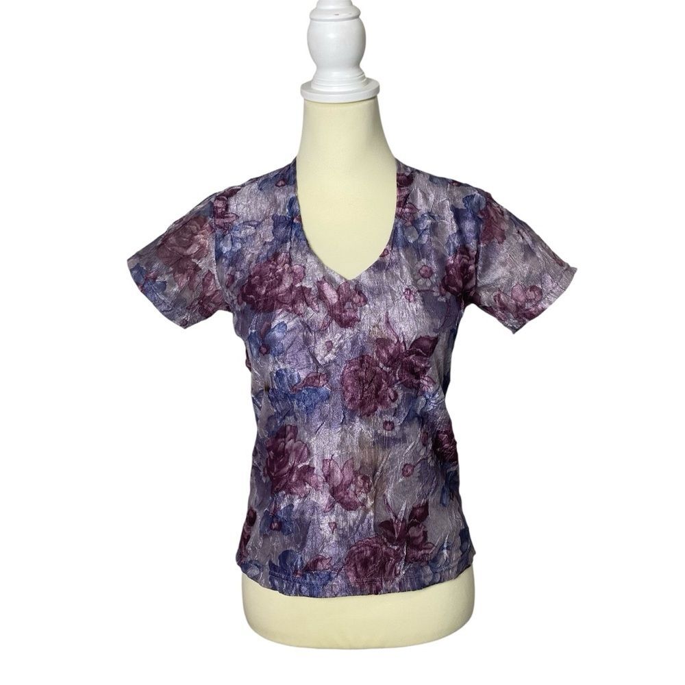 Vintage De Rotchild Colorful Floral Short Sleeve Semi Sheer Top Women's Size M